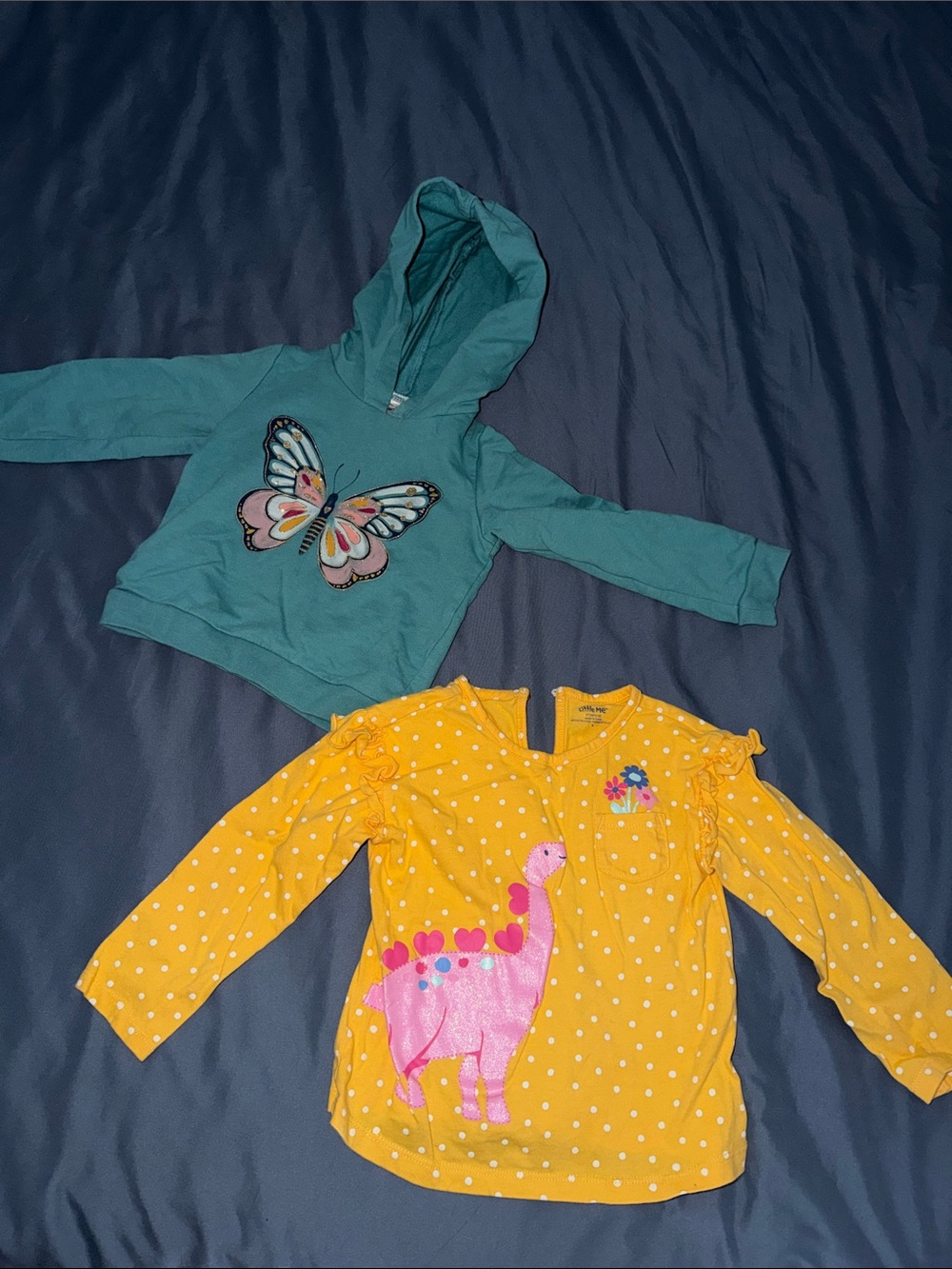 Carter's Teal Butterfly Hoodie & Yellow Dino Polka Dot Top